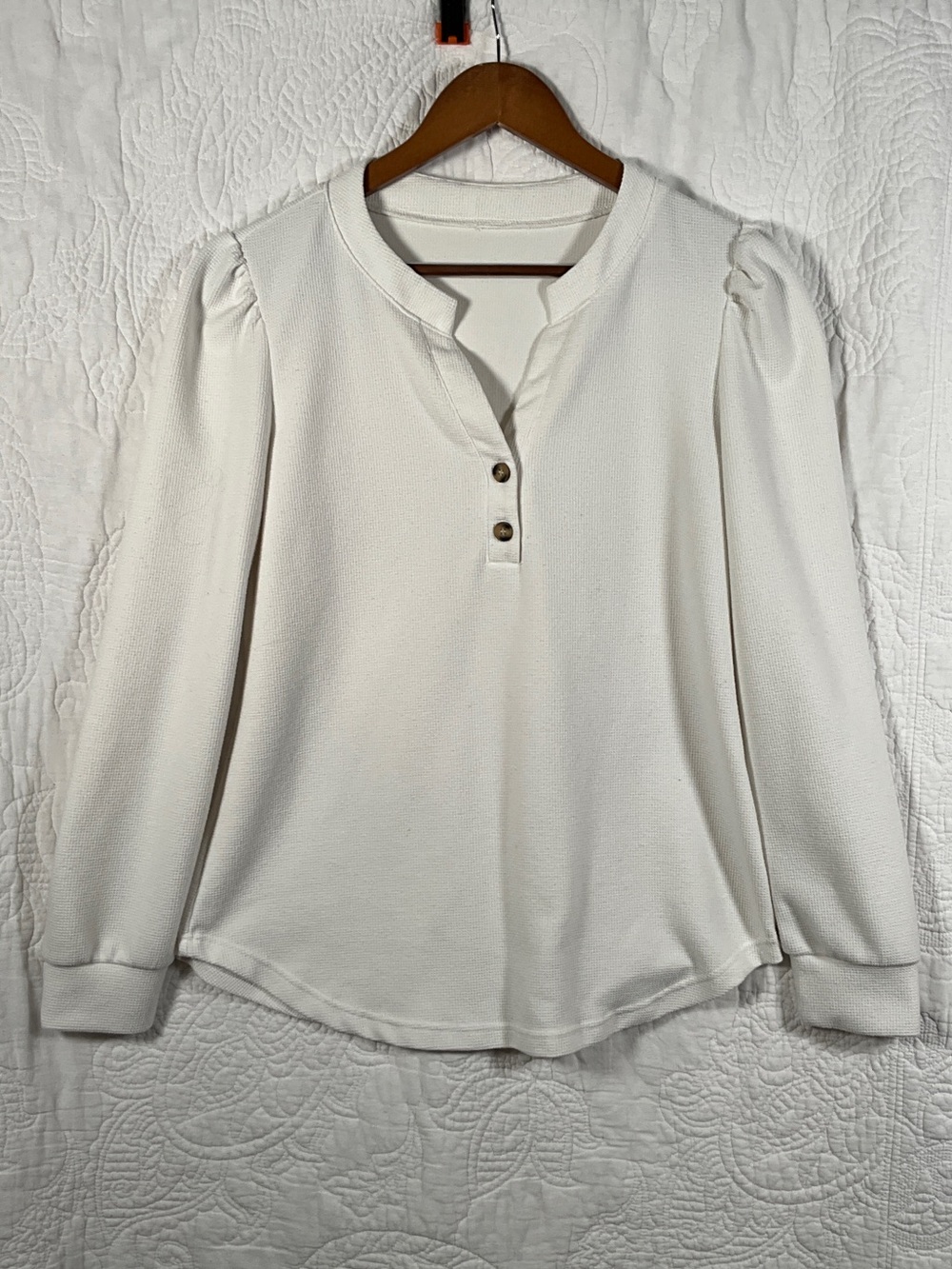 Women's Ivory Henley Long-Sleeve Top with Puff Shoulders